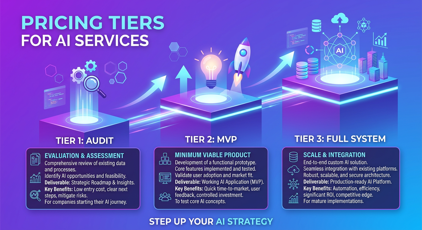 AI agency pricing tiers — consultation to MVP to full custom system