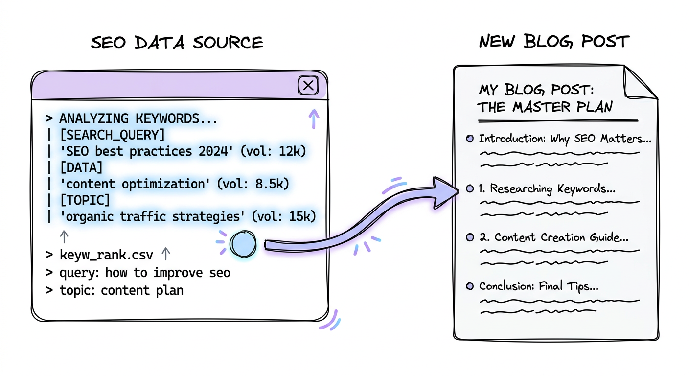 SEO data flowing from terminal into a blog post