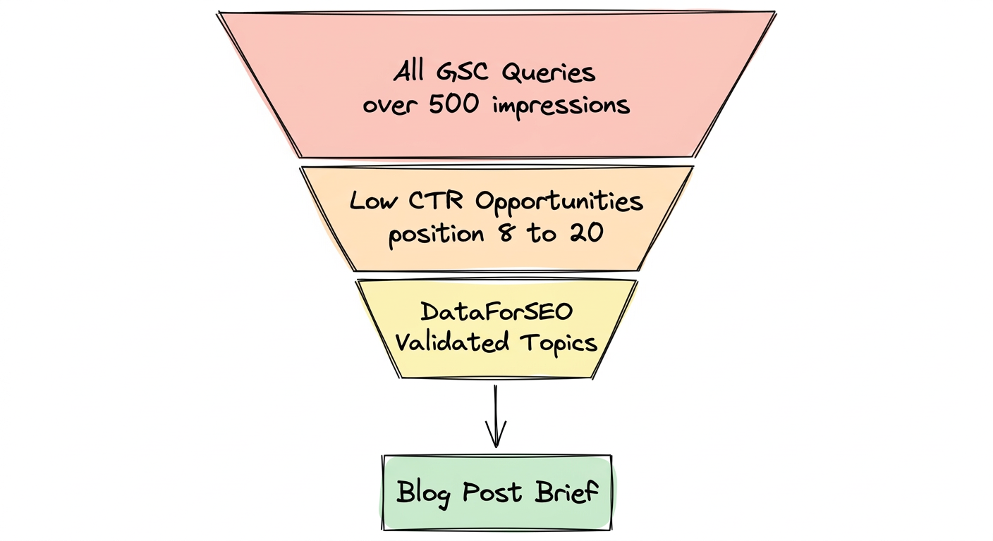 Keyword gap funnel from GSC to DataForSEO validated blog brief