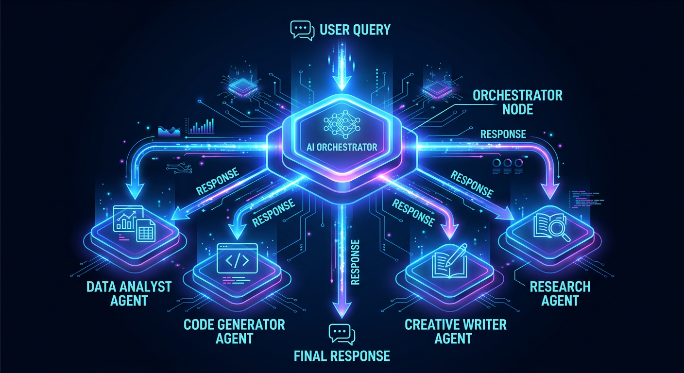 Multi-agent AI chat architecture — orchestrator routing to specialist agents