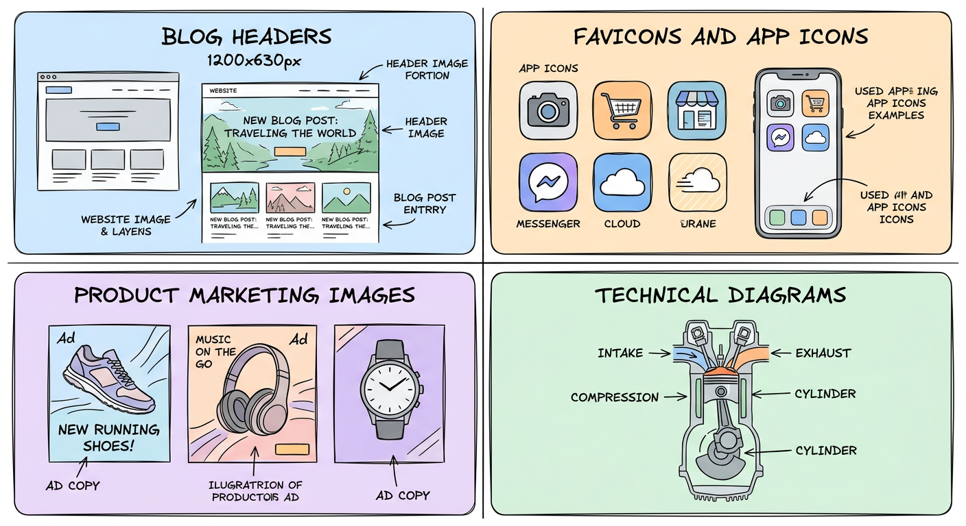 Four Nano Banana use cases: blog headers, favicons, product images, diagrams