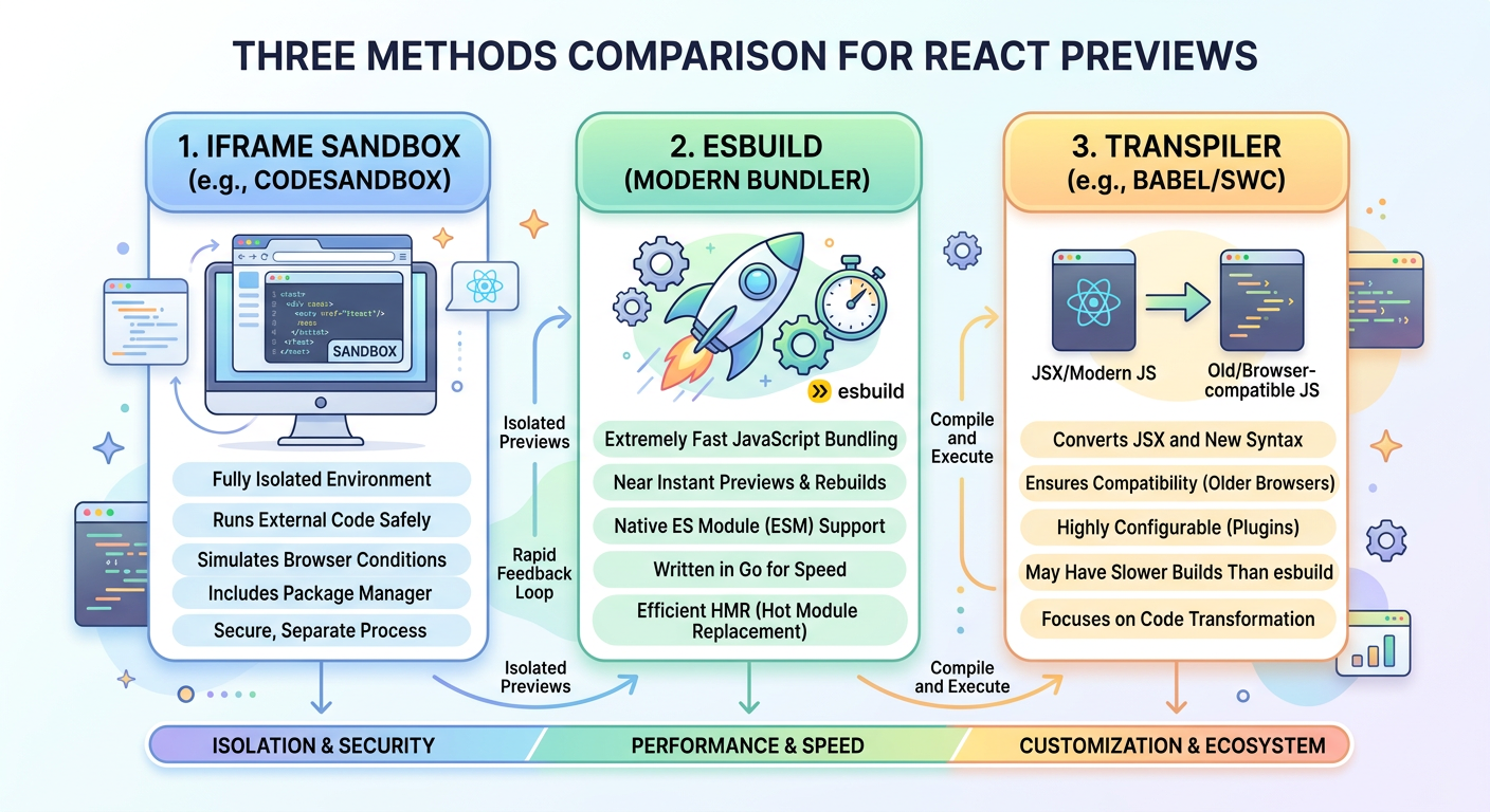 Three React preview methods — when to use each one